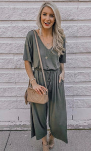 Olive Short Sleeve Jersey Jumpsuit