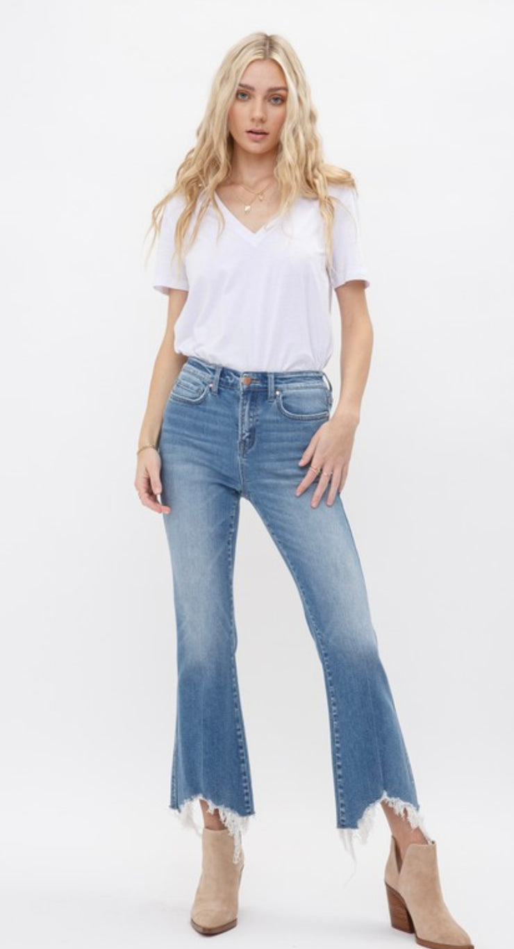 Crop Flare Jeans With Uneven Hem