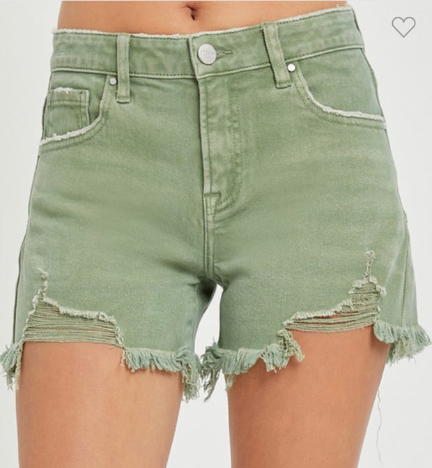 Mid Rise Shorts With Frayed Hem in Olive- Available in Sand Too!