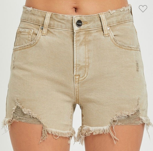 Mid Rise Shorts With Frayed Hem in Sand- Available in Olive Too!