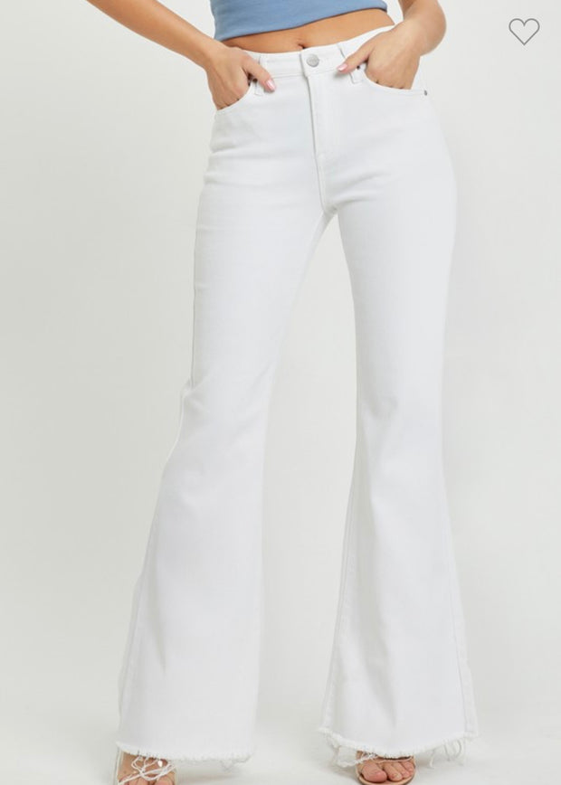 White Mid Rise Tummy Control Flare Jeans