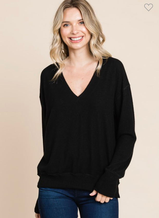 Black Brushed V Neck Sweater