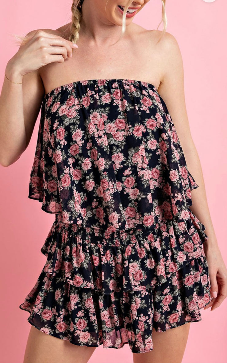 Navy Floral Print Ruffle Strapless Romper