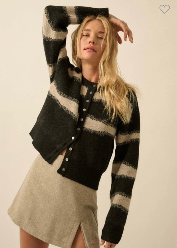 Black/Oatmeal Striped Jacquard Knit Button Front Cardigan- Available in Stone/Black Too!