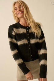Black/Oatmeal Striped Jacquard Knit Button Front Cardigan- Available in Stone/Black Too!