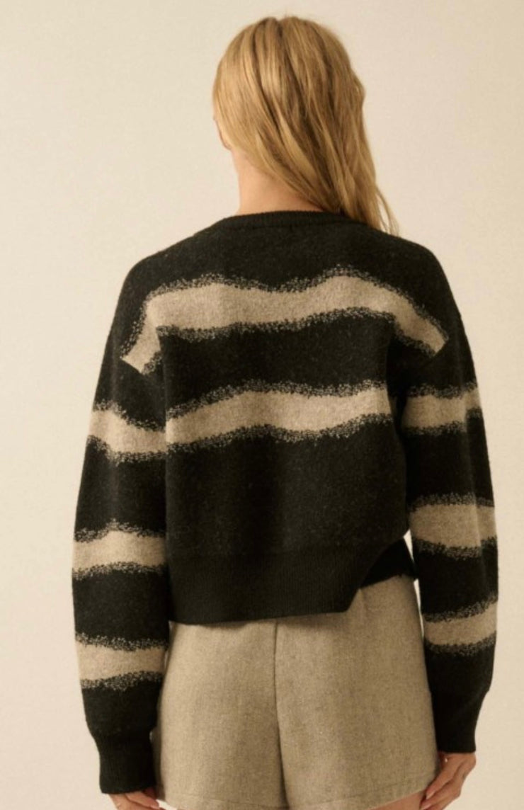 Black/Oatmeal Striped Jacquard Knit Button Front Cardigan- Available in Stone/Black Too!