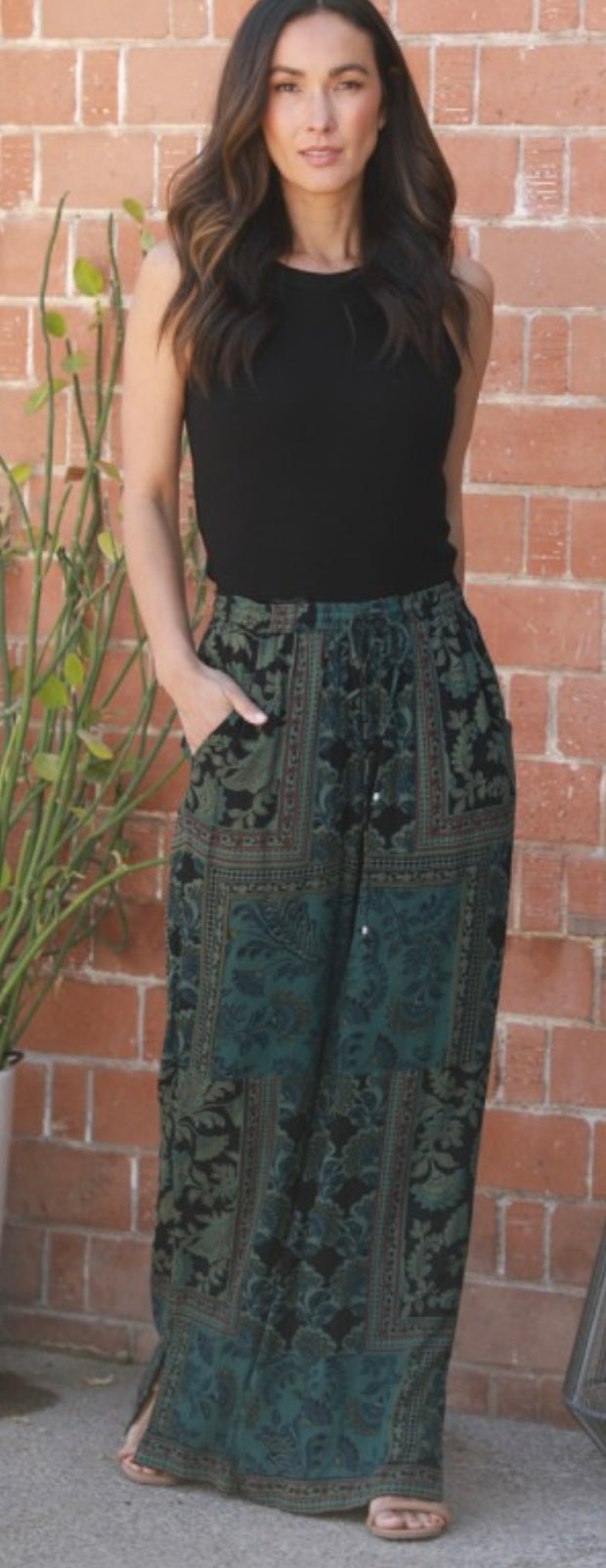 Black/Olive Print Wide Leg Pants