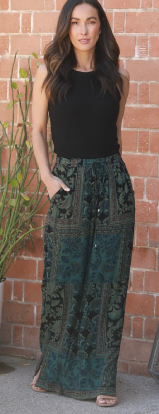 Black/Olive Print Wide Leg Pants