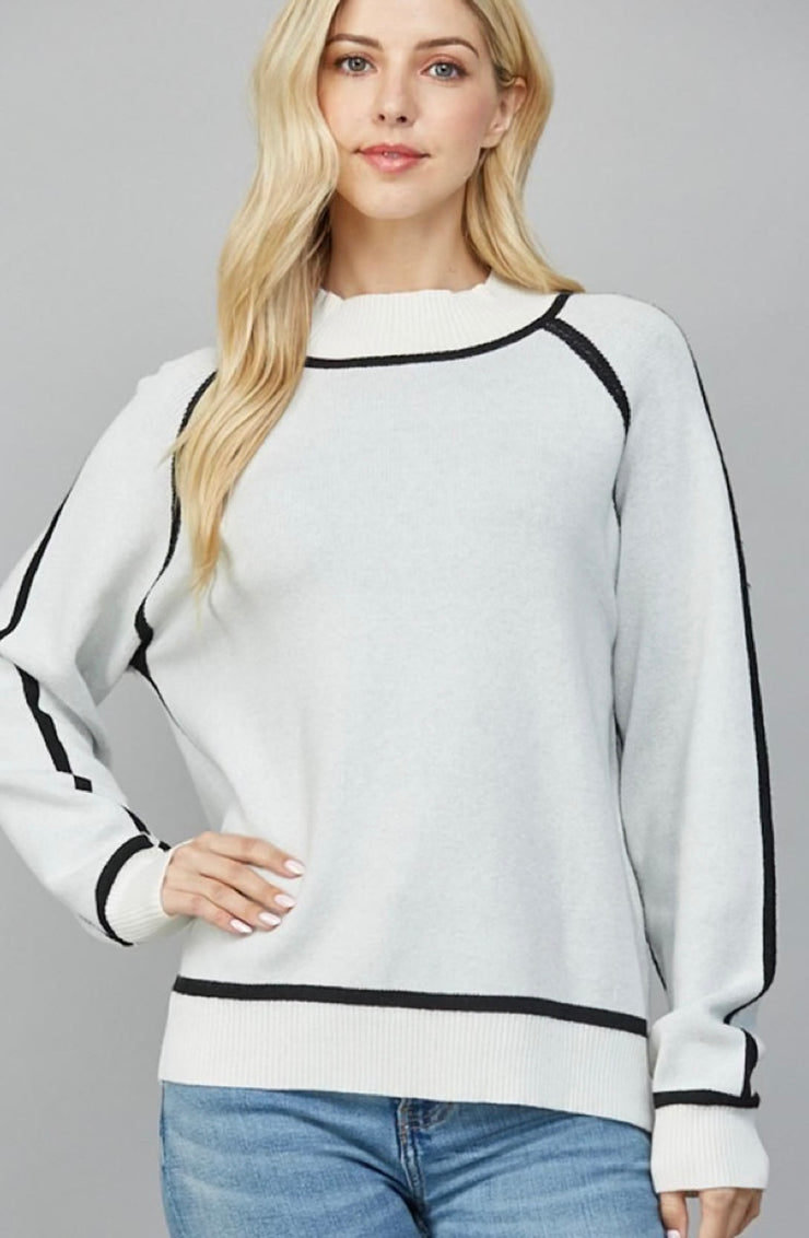 Cream/Black Contrast Seam Mock Neck Sweater