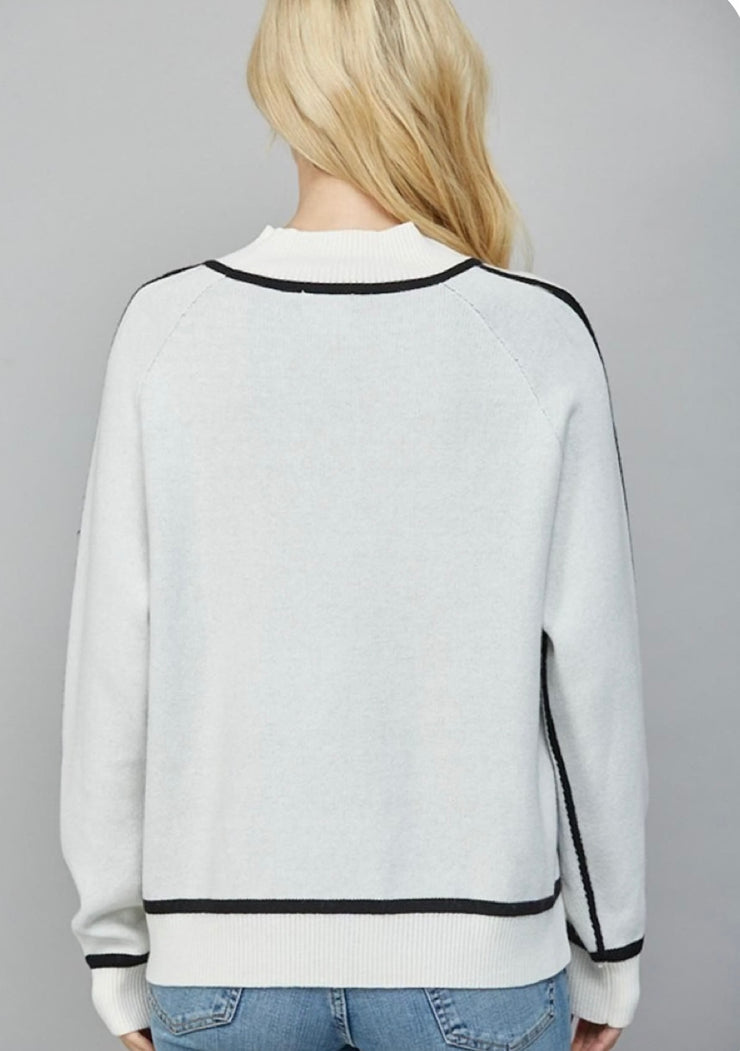 Cream/Black Contrast Seam Mock Neck Sweater