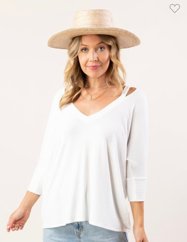 White Micro Rib  V Neck Top With Cut Out Detail