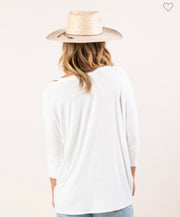 White Micro Rib  V Neck Top With Cut Out Detail