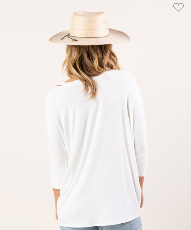 White Micro Rib  V Neck Top With Cut Out Detail