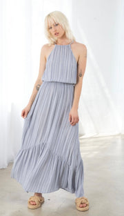 Chambray/Ivory Stripe Tunnel Halter Tiered Maxi Dress