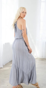 Chambray/Ivory Stripe Tunnel Halter Tiered Maxi Dress
