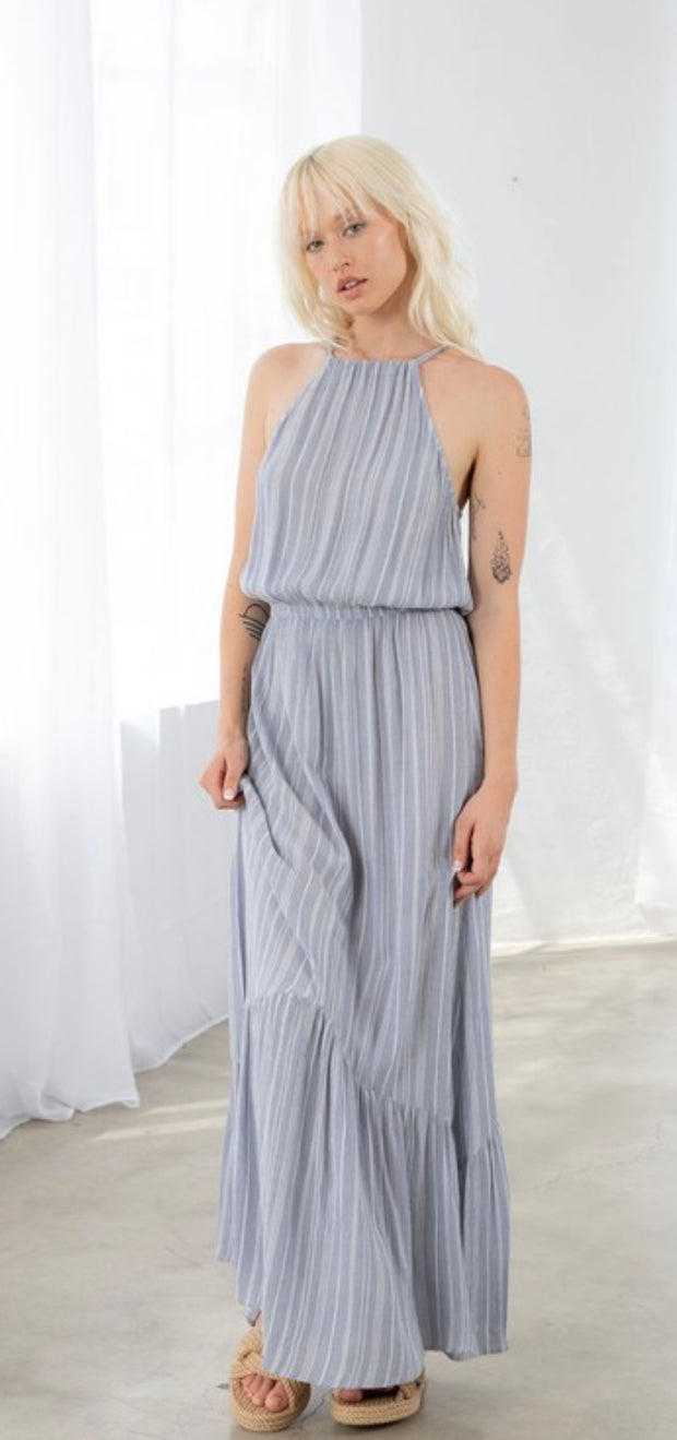 Chambray/Ivory Stripe Tunnel Halter Tiered Maxi Dress