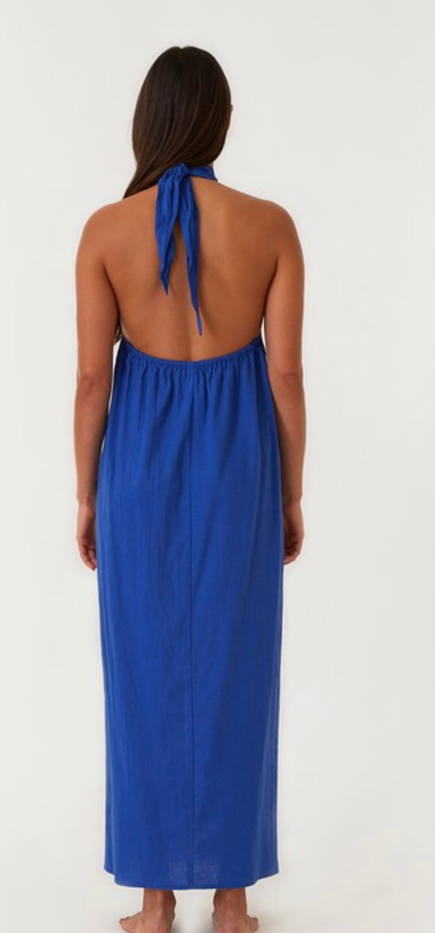 Cobalt Open Back Twist Halter Maxi Dress With Front Slit