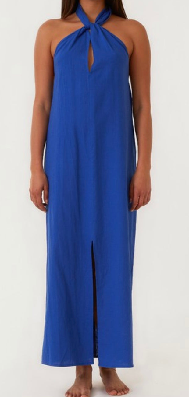 Cobalt Open Back Twist Halter Maxi Dress With Front Slit