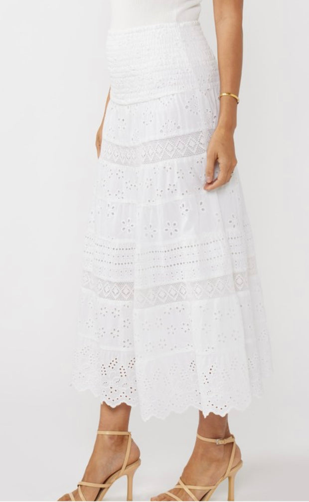 White Smocked Bust Tiered Eyelet Dress