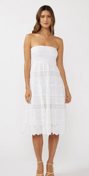 White Smocked Bust Tiered Eyelet Dress