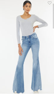 Mid Rise Raw Hem Flare Vintage Bell Bottom Look Jeans