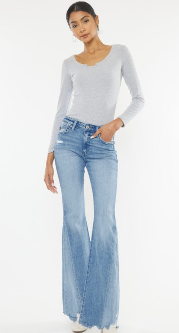 Mid Rise Raw Hem Flare Vintage Bell Bottom Look Jeans