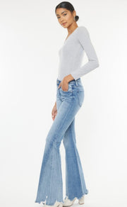 Mid Rise Raw Hem Flare Vintage Bell Bottom Look Jeans