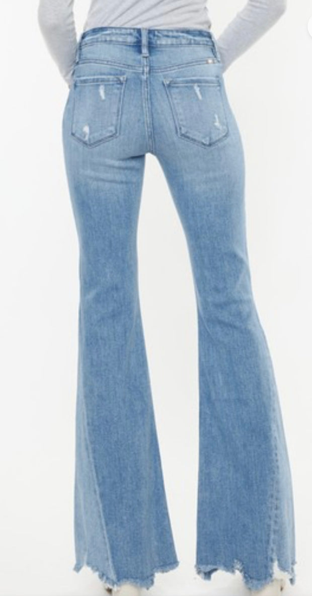 Mid Rise Raw Hem Flare Vintage Bell Bottom Look Jeans