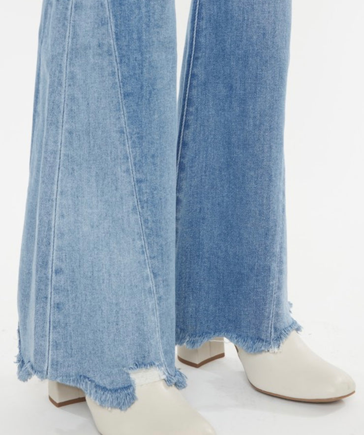 Mid Rise Raw Hem Flare Vintage Bell Bottom Look Jeans