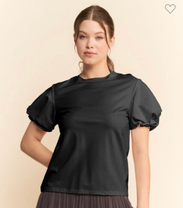 Black Puff Short Sleeve Crew Neck Top