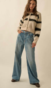 Stone/Black Striped Jacquard Knit Button Front Cardigan- Available in Black/Oatmeal Too!