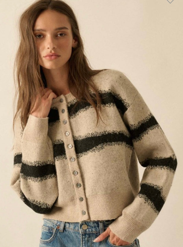 Stone/Black Striped Jacquard Knit Button Front Cardigan- Available in Black/Oatmeal Too!