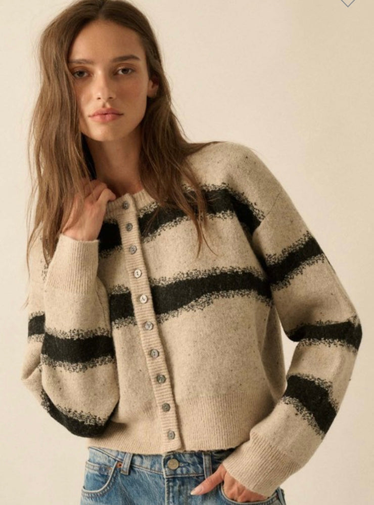 Stone/Black Striped Jacquard Knit Button Front Cardigan- Available in Black/Oatmeal Too!