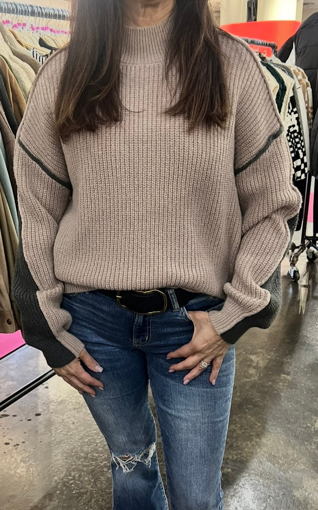 Mocha Color Block Mock Neck Seam Knit Sweater