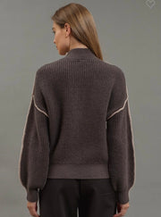 Mocha Color Block Mock Neck Seam Knit Sweater