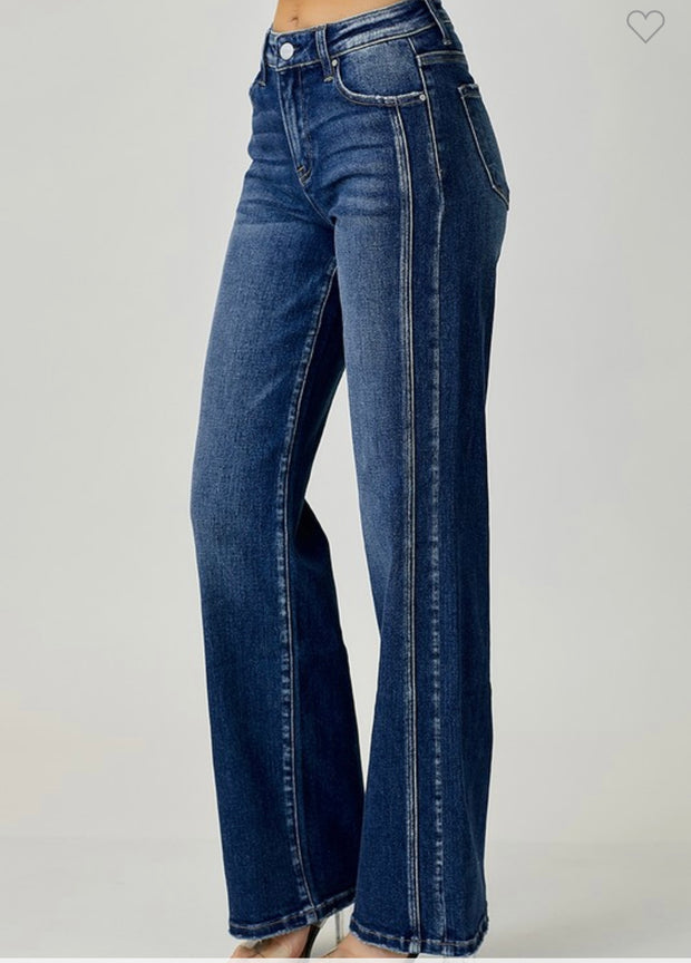 Mid Rise Straight Jeans With Side Panel Detail- Dark