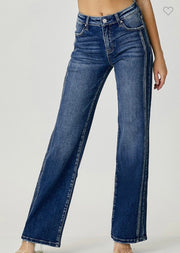 Mid Rise Straight Jeans With Side Panel Detail- Dark