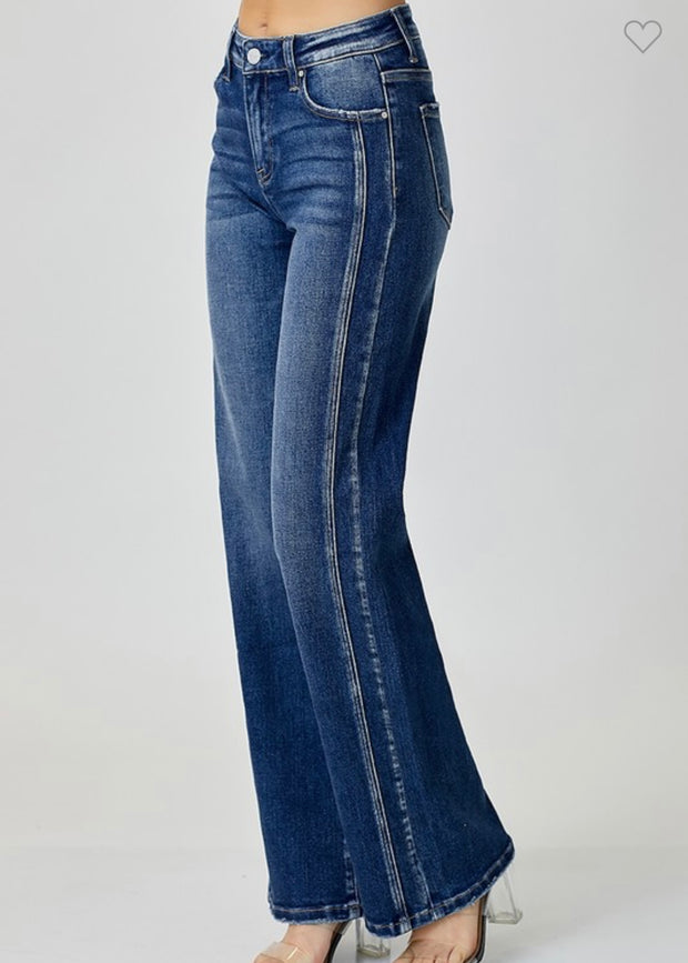 Mid Rise Straight Jeans With Side Panel Detail- Dark