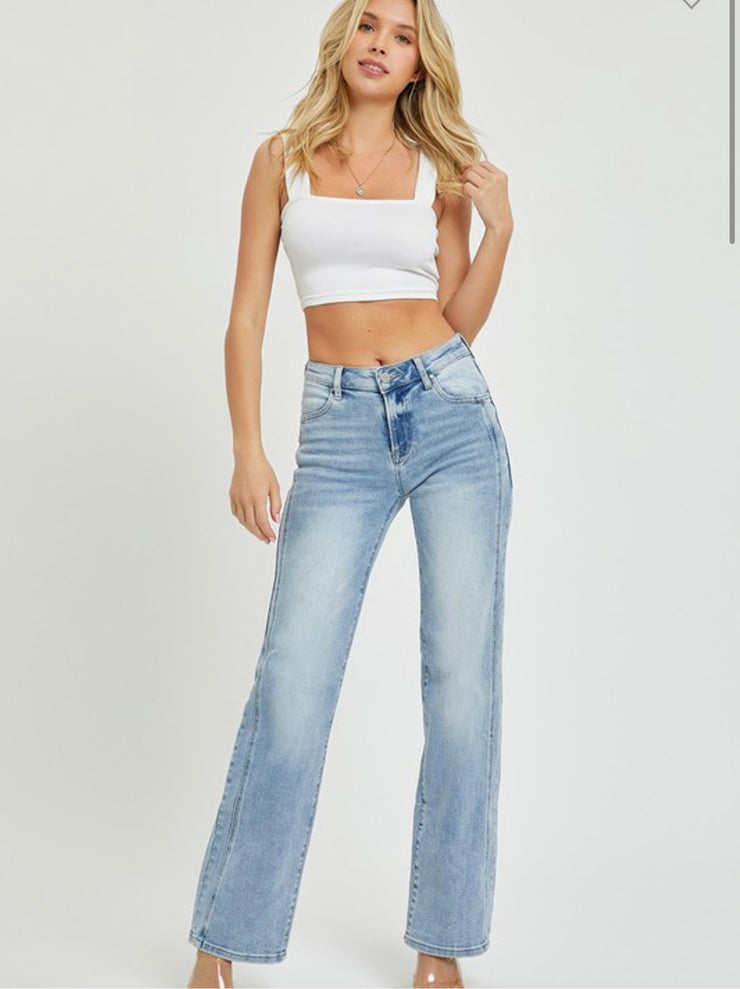 Mid Rise Straight Jeans With Side Panel Detail- Light (Available in Dark Wash Too)