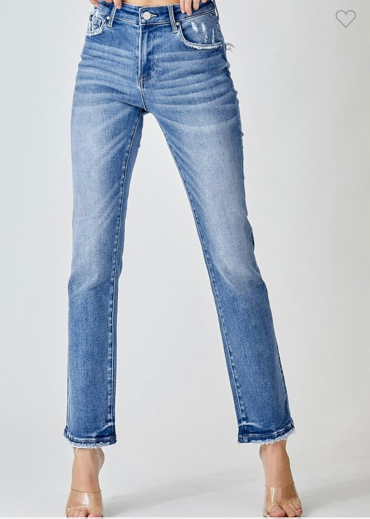 Med Wash Mid Rise Ankle Straight Jeans- No Rips/Pocket Distressing