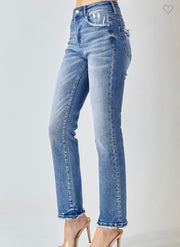 Med Wash Mid Rise Ankle Straight Jeans- No Rips/Pocket Distressing