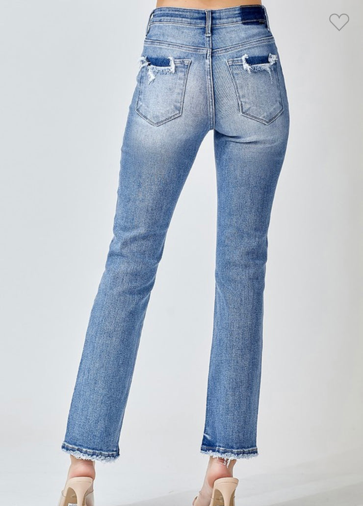 Med Wash Mid Rise Ankle Straight Jeans- No Rips/Pocket Distressing