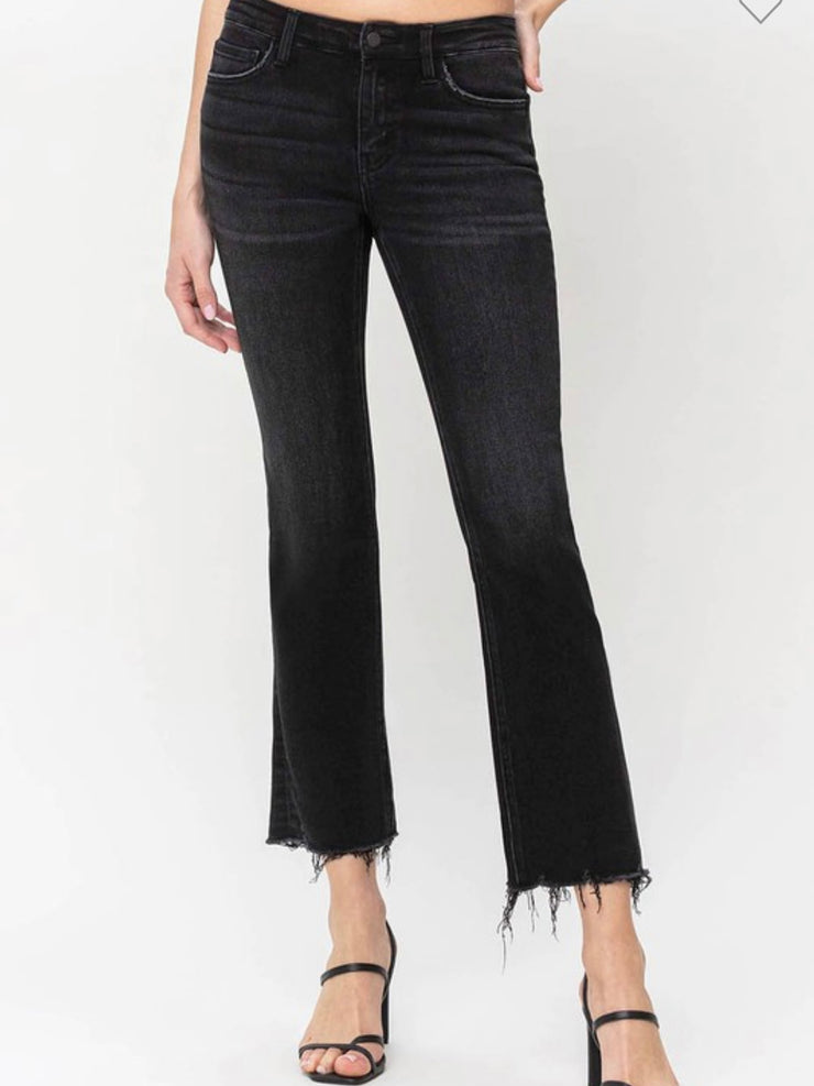 Black Mid Rise Crop Flare Jeans With Distressed Hem