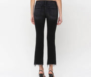 Black Mid Rise Crop Flare Jeans With Distressed Hem