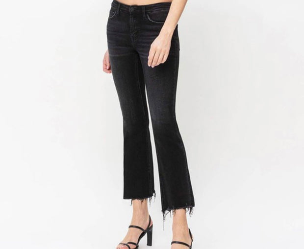 Black Mid Rise Crop Flare Jeans With Distressed Hem