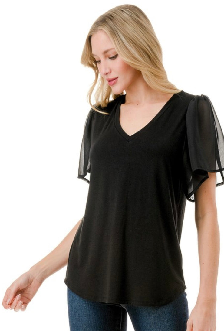 V Neck Top With Flare Detail Sleeve- Available in Black or White