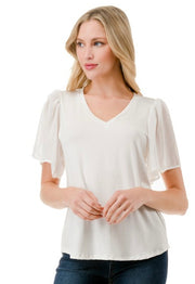 V Neck Top With Flare Detail Sleeve- Available in Black or White