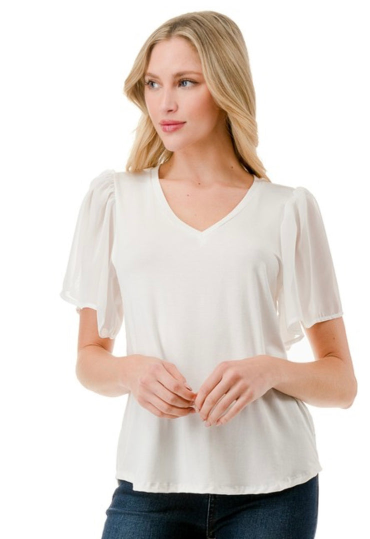 V Neck Top With Flare Detail Sleeve- Available in Black or White