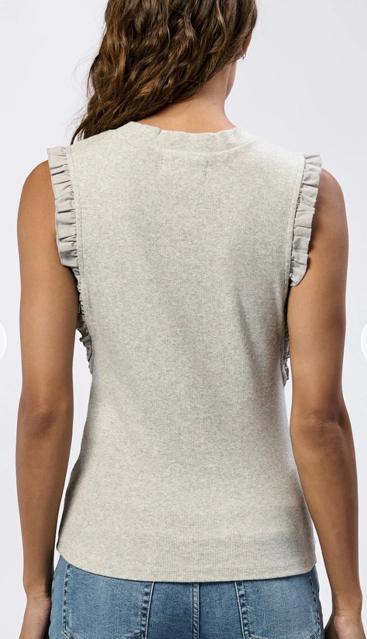 Heather Grey Ribbed Stretchy Top With Ruffle Sleeves
