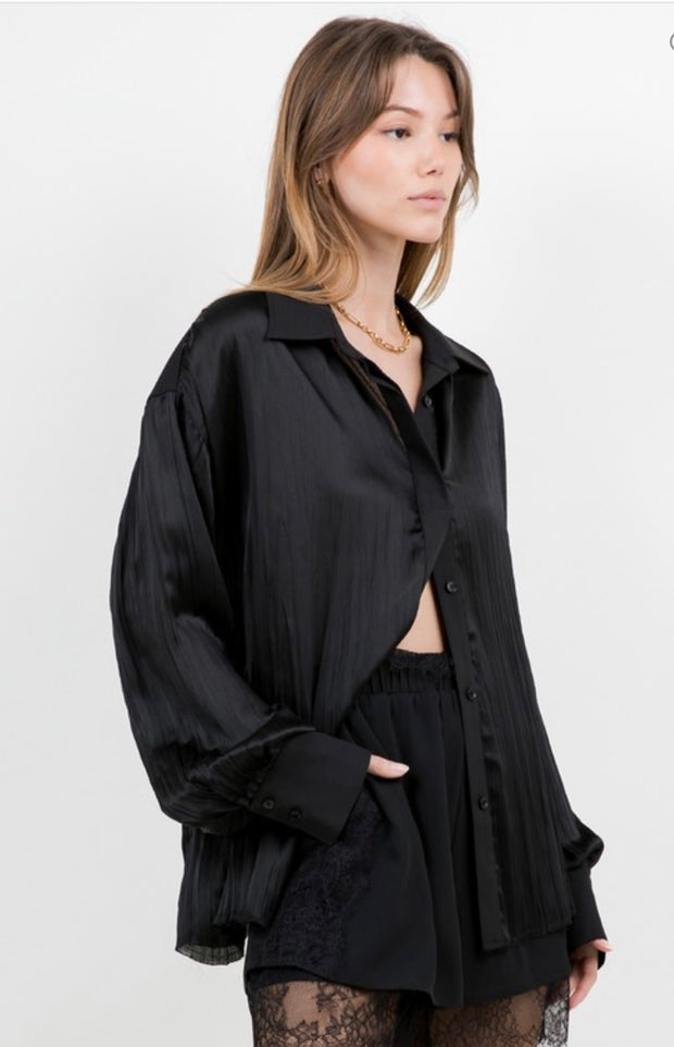 Black Flowy Satin Button Down Top